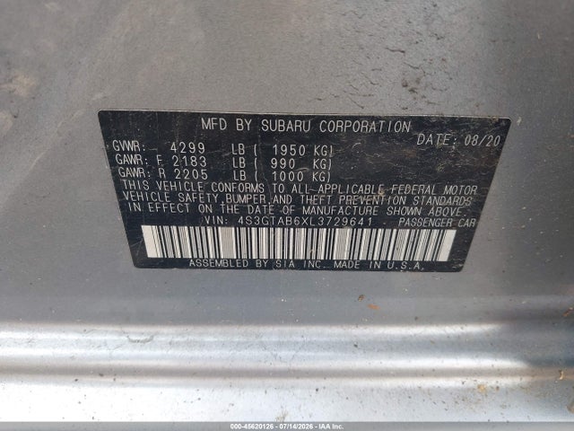 Продаж на аукціоні авто 2020 Subaru Impreza 5-door, vin: 4S3GTAB6XL3729641, номер лоту: 45620126