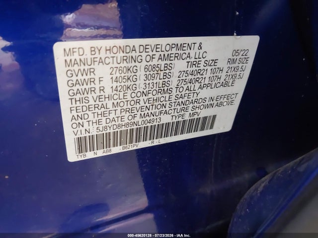 Aukcja sprzedaży 2022 Acura Mdx Type S W/advance Package, vin: 5J8YD8H89NL004913, numer aukcji: 45620128