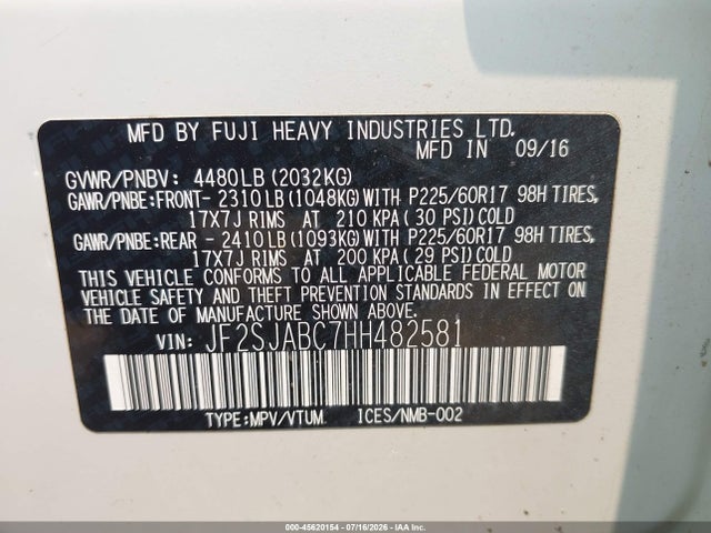 45620154 :رقم المزاد ، JF2SJABC7HH482581 vin ، 2017 Subaru Forester 2.5i مزاد بيع