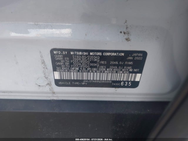 2022 Mitsubishi Outlander Es 2.5 2wd მანქანა იყიდება აუქციონზე, vin: JA4J3TA80NZ065848, აუქციონის ნომერი: 45620184