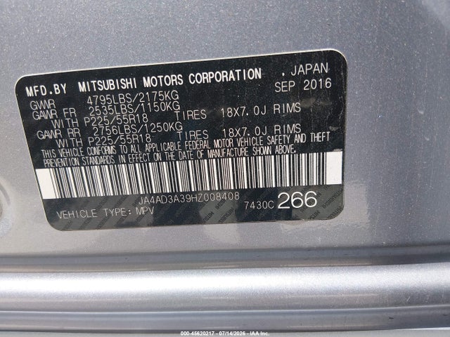 JA4AD3A39HZ008408 Mitsubishi Outlander Se/sel
