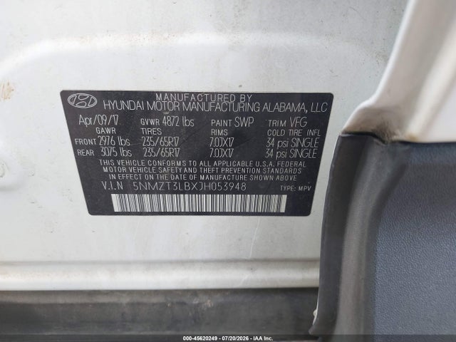 45620249 :رقم المزاد ، 5NMZT3LBXJH053948 vin ، 2018 Hyundai Santa Fe Sport 2.4l مزاد بيع