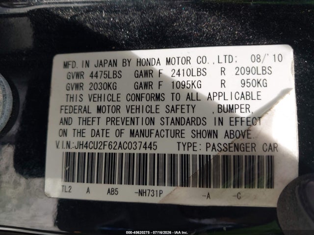 45620275 :رقم المزاد ، JH4CU2F62AC037445 vin ، 2010 Acura Tsx 2.4 مزاد بيع