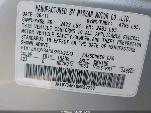 Продаж на аукціоні авто 2011 Infiniti G25x, vin: JN1DV6AR4BM452230, номер лоту: 45620286