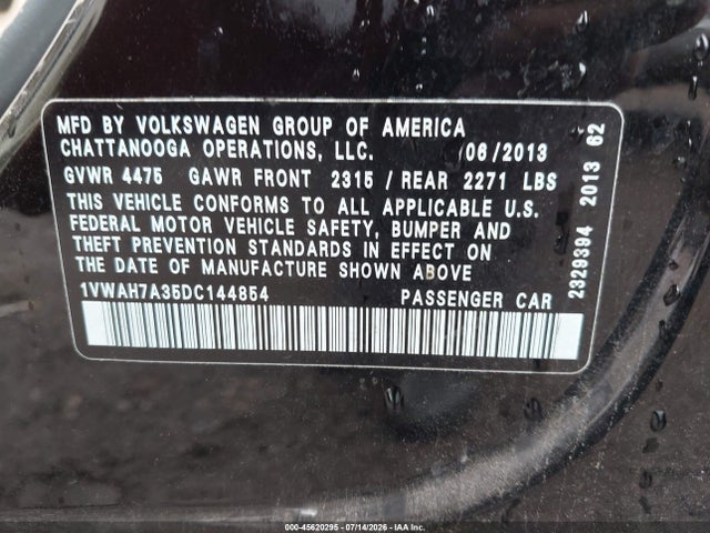 2013 Volkswagen Passat 2.5l Wolfsburg Edition მანქანა იყიდება აუქციონზე, vin: 1VWAH7A35DC144854, აუქციონის ნომერი: 45620295