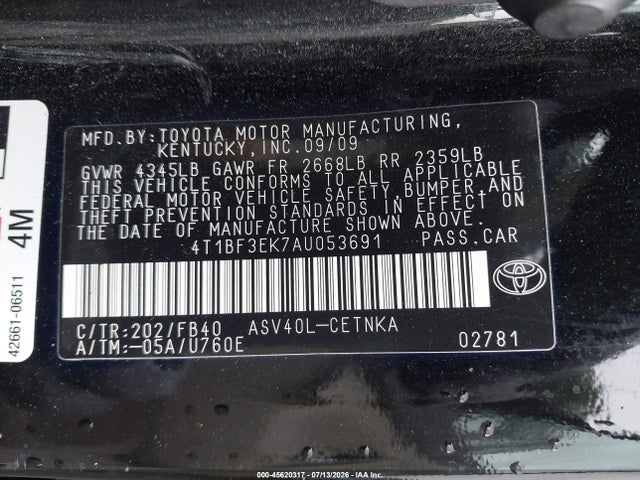2010 Toyota Camry Le მანქანა იყიდება აუქციონზე, vin: 4T1BF3EK7AU053691, აუქციონის ნომერი: 45620317
