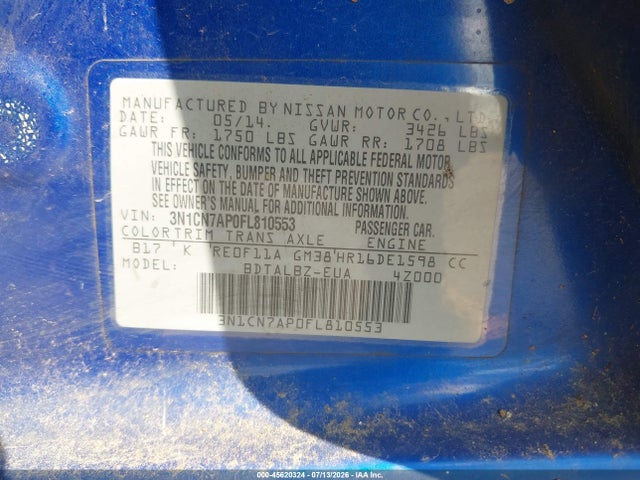 45620324 :رقم المزاد ، 3N1CN7AP0FL810553 vin ، 2015 Nissan Versa 1.6 S/1.6 S+/1.6 Sl/1.6 Sv مزاد بيع
