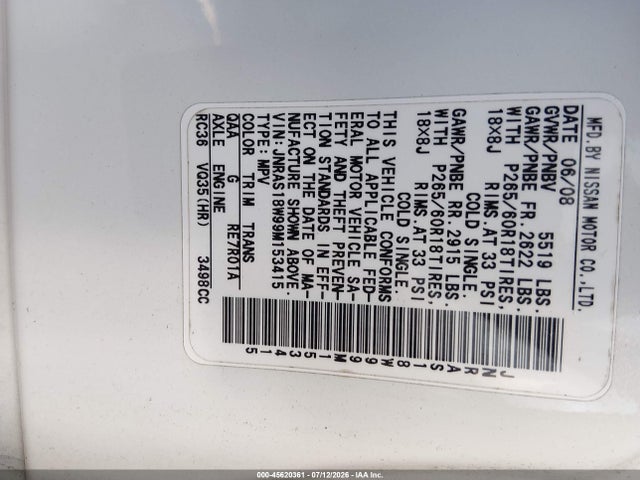45620361 :رقم المزاد ، JNRAS18W99M153415 vin ، 2009 Infiniti Fx35 مزاد بيع