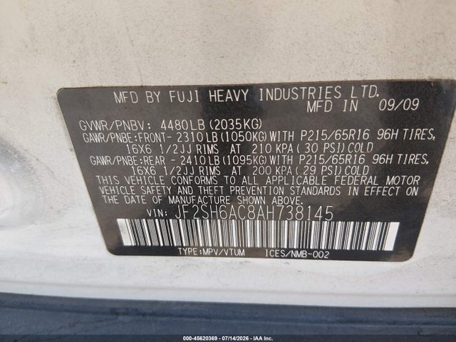 45620369 :رقم المزاد ، JF2SH6AC8AH738145 vin ، 2010 Subaru Forester 2.5x مزاد بيع