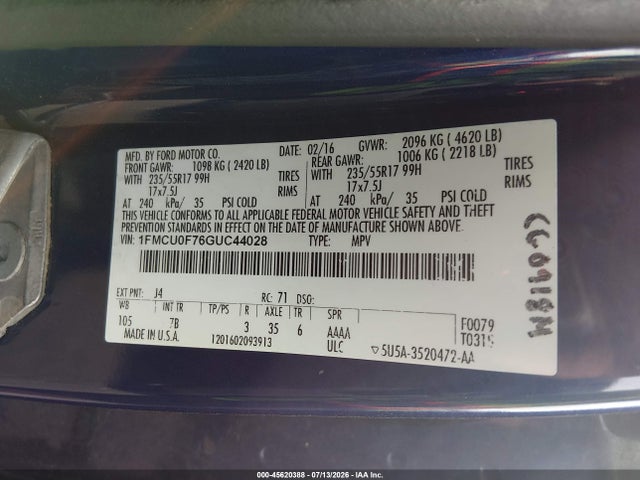 Ford ESCAPE S 2016 1FMCU0F76GUC44028 Image 9