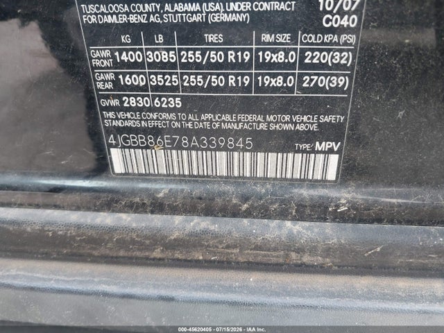 2008 Mercedes-benz M-class 3.5l მანქანა იყიდება აუქციონზე, vin: 4JGBB86E78A339845, აუქციონის ნომერი: 45620405