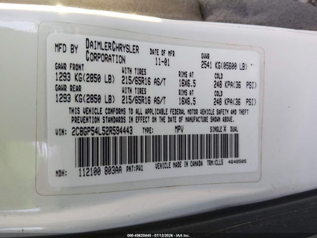 2002 Chrysler Town & Country Lxi მანქანა იყიდება აუქციონზე, vin: 2C8GP54L52R594443, აუქციონის ნომერი: 45620445