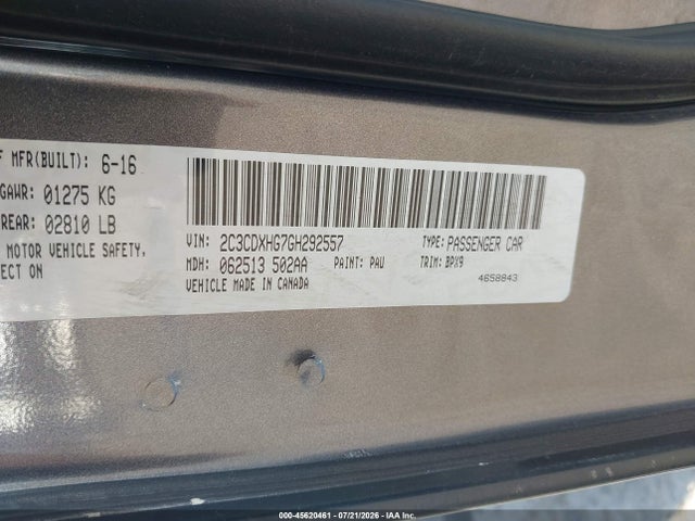 45620461 :رقم المزاد ، 2C3CDXHG7GH292557 vin ، 2016 Dodge Charger Sxt مزاد بيع
