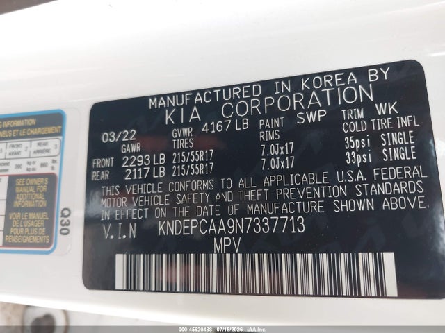 Auction sale of the 2022 Kia Seltos Lx, vin: KNDEPCAA9N7337713, lot number: 45620488