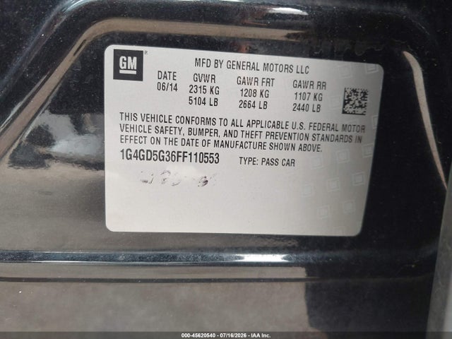 Aukcja sprzedaży 2015 Buick Lacrosse, vin: 1G4GD5G36FF110553, numer aukcji: 45620540