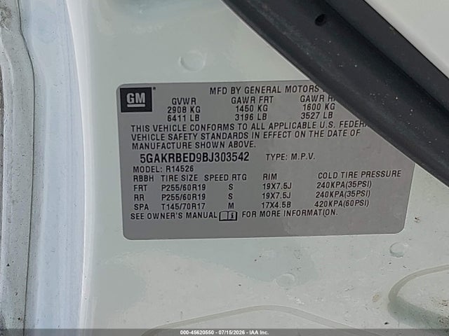 Aukcja sprzedaży 2011 Buick Enclave 1xl, vin: 5GAKRBED9BJ303542, numer aukcji: 45620550