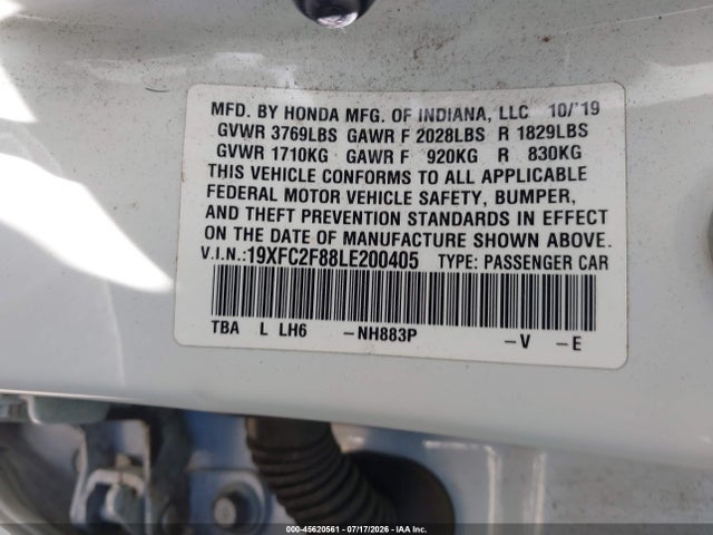 2020 Honda Civic Sport მანქანა იყიდება აუქციონზე, vin: 19XFC2F88LE200405, აუქციონის ნომერი: 45620561
