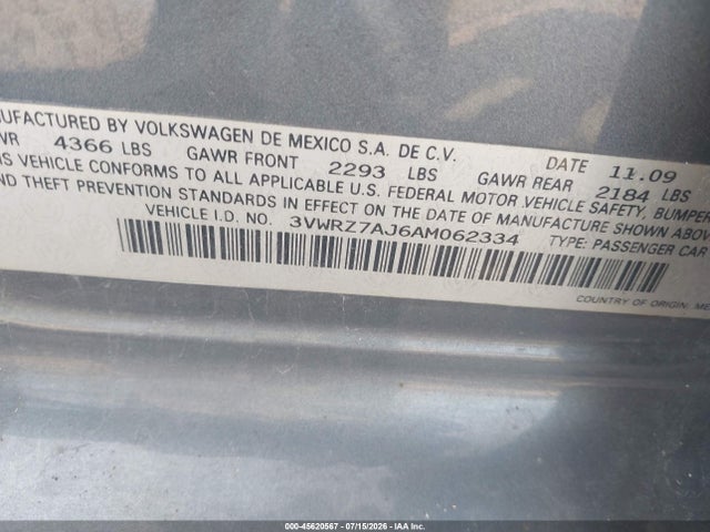 Aukcja sprzedaży 2010 Volkswagen Jetta Se, vin: 3VWRZ7AJ6AM062334, numer aukcji: 45620567