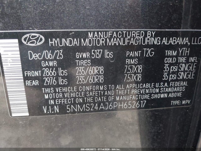 Продаж на аукціоні авто 2023 Hyundai Santa Fe Sel, vin: 5NMS24AJ6PH652617, номер лоту: 45620572