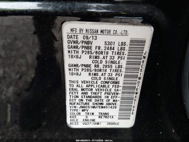 Aukcja sprzedaży 2014 Infiniti Qx70, vin: JN8CS1MU7EM451439, numer aukcji: 45620573