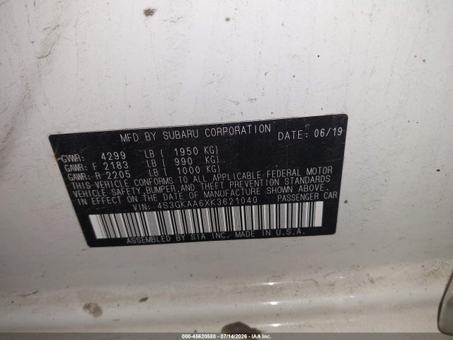 Aukcja sprzedaży 2019 Subaru Impreza 2.0i, vin: 4S3GKAA6XK3621040, numer aukcji: 45620580