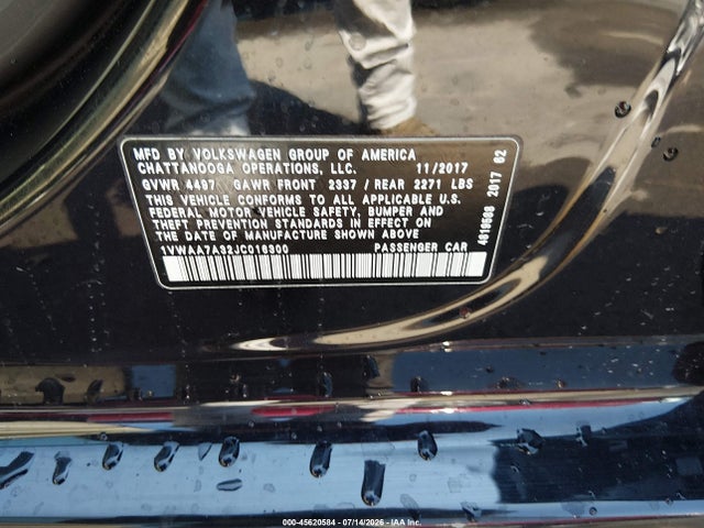 2018 Volkswagen Passat 2.0t R-line/2.0t S მანქანა იყიდება აუქციონზე, vin: 1VWAA7A32JC016300, აუქციონის ნომერი: 45620584