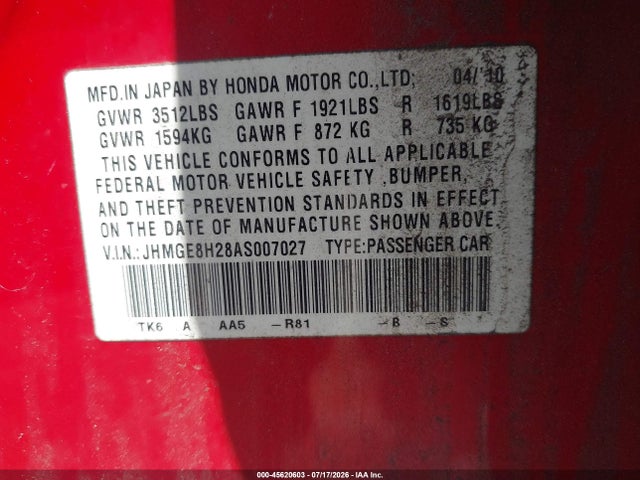 45620603 :رقم المزاد ، JHMGE8H28AS007027 vin ، 2010 Honda Fit مزاد بيع
