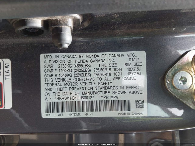 45620616 :رقم المزاد ، 2HKRW1H84HH506127 vin ، 2017 Honda Cr-v Ex-l/ex-l Navi مزاد بيع