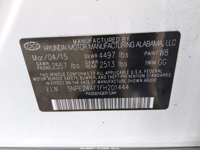 Aukcja sprzedaży 2015 Hyundai Sonata Se, vin: 5NPE24AF1FH201444, numer aukcji: 45620617