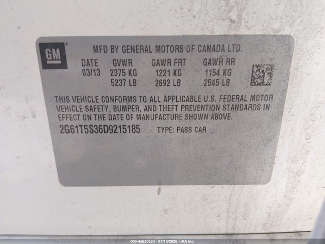 45620624 :رقم المزاد ، 2G61T5S36D9215185 vin ، 2013 Cadillac Xts Premium مزاد بيع