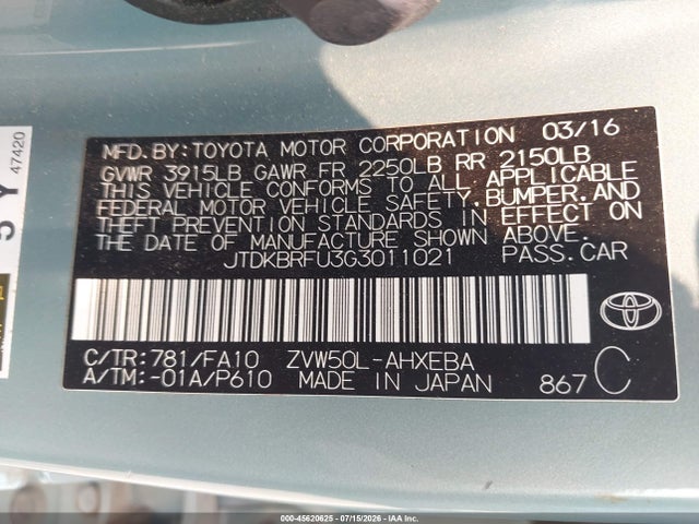 Toyota Prius Two 2016 JTDKBRFU3G3011021 Image 9