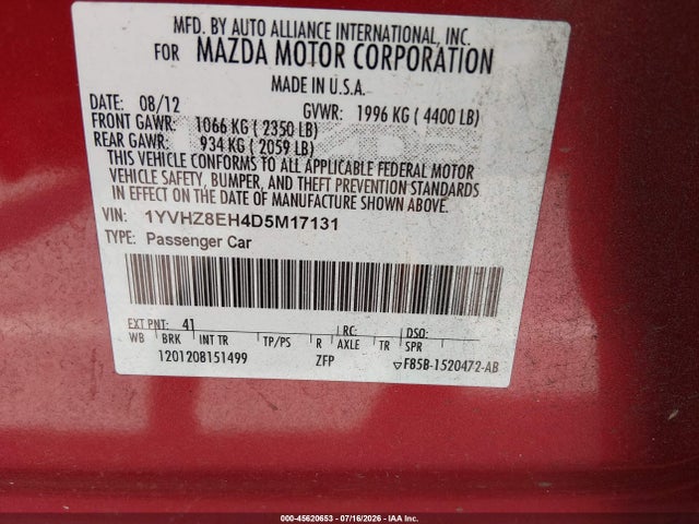 2013 Mazda Mazda6 I Touring Plus მანქანა იყიდება აუქციონზე, vin: 1YVHZ8EH4D5M17131, აუქციონის ნომერი: 45620653