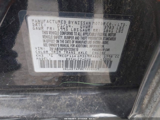 45620675 :رقم المزاد ، 3N1AB7AP8EY208419 vin ، 2014 Nissan Sentra S مزاد بيع