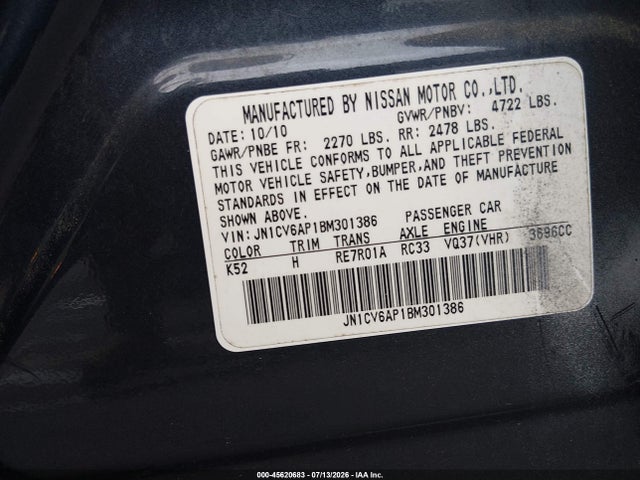 Продажа на аукционе авто 2011 Infiniti G37 Journey, vin: JN1CV6AP1BM301386, номер лота: 45620683