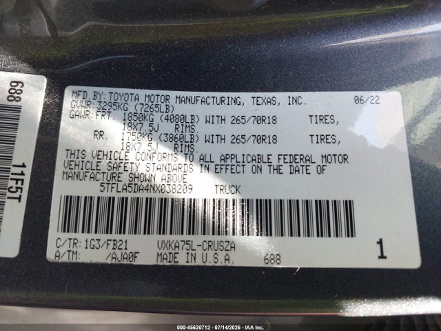45620712 :رقم المزاد ، 5TFLA5DA4NX038209 vin ، 2022 Toyota Tundra Sr5 مزاد بيع
