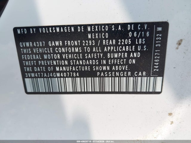 Продаж на аукціоні авто 2016 Volkswagen Jetta 2.0t Gli Se/2.0t Gli Sel, vin: 3VW4T7AJ4GM407784, номер лоту: 45620718