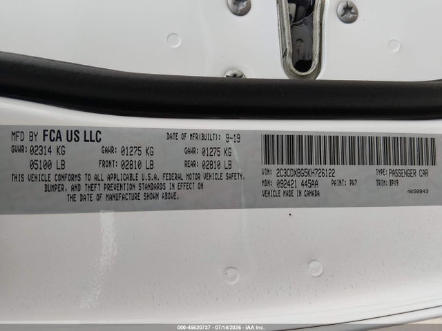 45620737 :رقم المزاد ، 2C3CDXBG5KH726122 vin ، 2019 Dodge Charger Sxt Rwd مزاد بيع