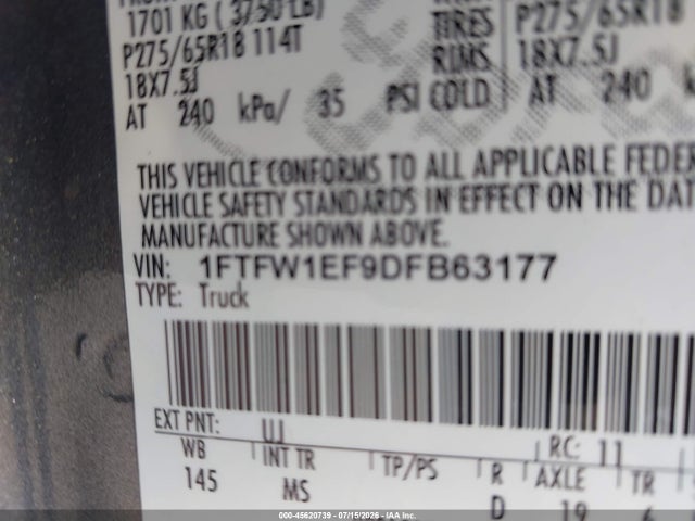 45620739 :رقم المزاد ، 1FTFW1EF9DFB63177 vin ، 2013 Ford F-150 Xlt مزاد بيع