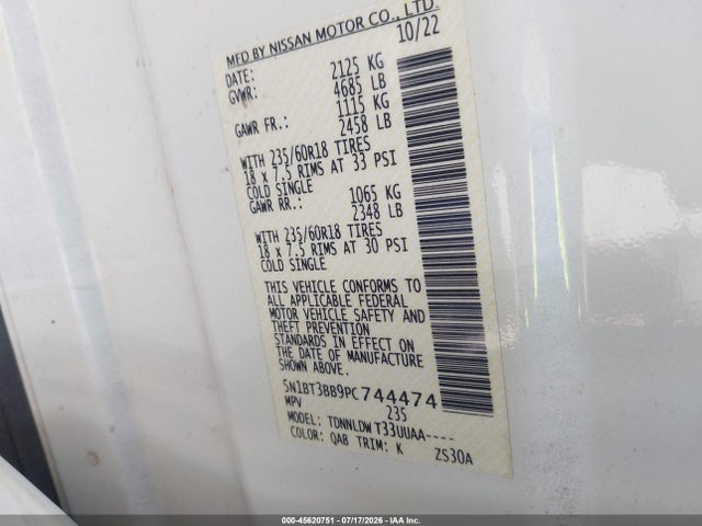 45620751 :رقم المزاد ، 5N1BT3BB9PC744474 vin ، 2023 Nissan Rogue Sv Intelligent Awd مزاد بيع