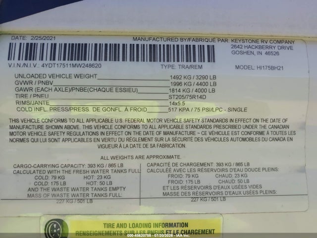 Продаж на аукціоні авто 2021 Keystone Rv Hideout, vin: 4YDT17511MW248620, номер лоту: 45620758