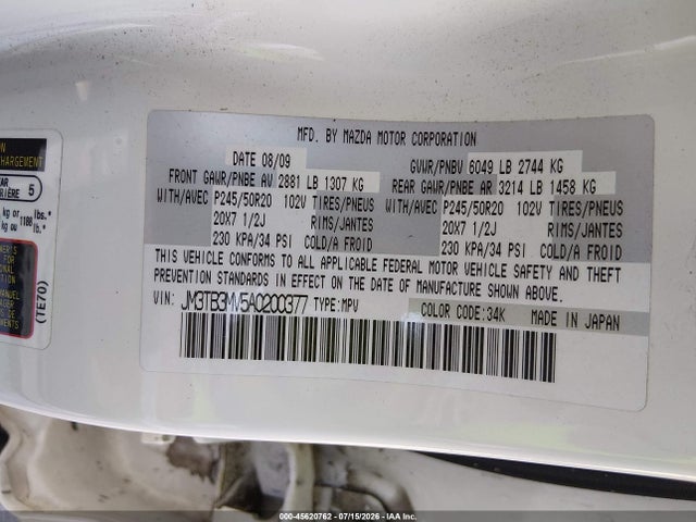 45620762 :رقم المزاد ، JM3TB3MV5A0200377 vin ، 2010 Mazda Cx-9 Grand Touring مزاد بيع