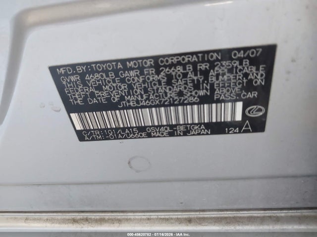 Продаж на аукціоні авто 2007 Lexus Es 350, vin: JTHBJ46GX72127286, номер лоту: 45620782