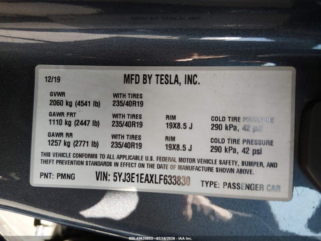 2020 Tesla Model 3 Standard Range Plus Rear-wheel Drive/standard Range Rear-wheel Drive მანქანა იყიდება აუქციონზე, vin: 5YJ3E1EAXLF633830, აუქციონის ნომერი: 45620803