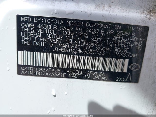 Aukcja sprzedaży 2019 Lexus Is 300, vin: JTHBA1D24K5087333, numer aukcji: 45620842