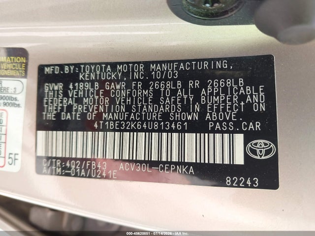 Aukcja sprzedaży 2004 Toyota Camry Le, vin: 4T1BE32K64U813461, numer aukcji: 45620851