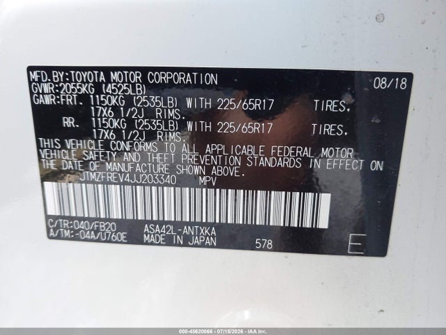 Auction sale of the 2018 Toyota Rav4 Le, vin: JTMZFREV4JJ203340, lot number: 45620866