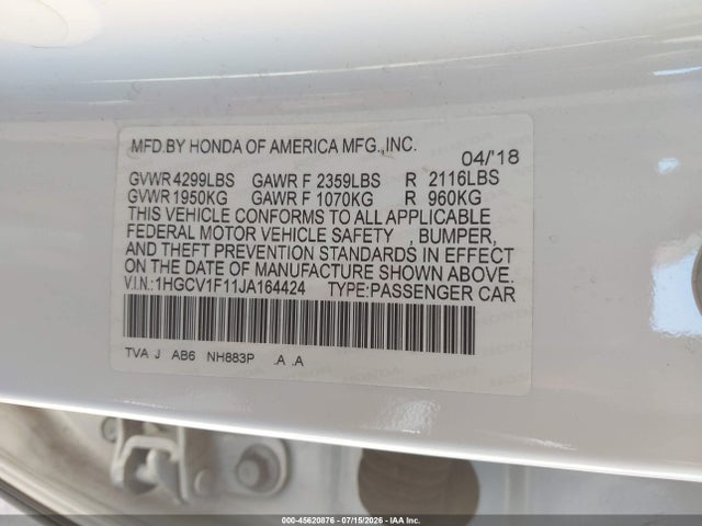 Honda ACCORD LX 2018 1HGCV1F11JA164424 Image 9