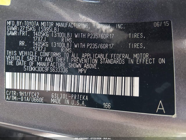 Продаж на аукціоні авто 2015 Toyota Sienna Le 8 Passenger, vin: 5TDKK3DC9FS633336, номер лоту: 45620887
