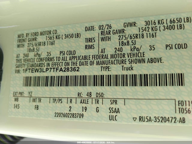 Продаж на аукціоні авто 2026 Ford F150 Xlt, vin: 1FTEW3LP7TFA28362, номер лоту: 45620888