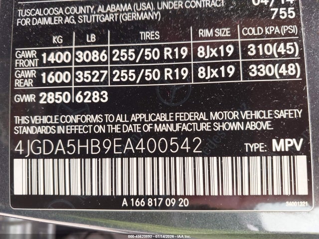 Продаж на аукціоні авто 2014 Mercedes-benz Ml 350 4matic, vin: 4JGDA5HB9EA400542, номер лоту: 45620892